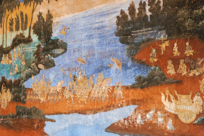 Delicate Kerala mural painting showcasing mythological scenes with rich earthy tones and gold accents.