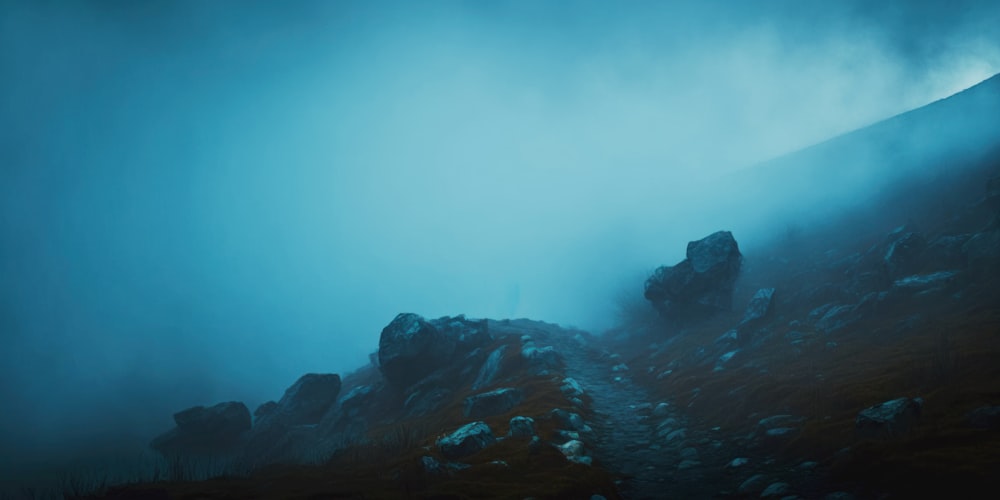a foggy mountain with rocks and grass