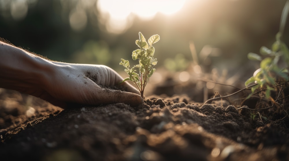 a person's hand holding a plant in the dirt