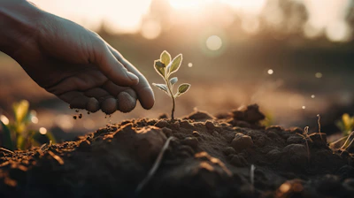 A vibrant garden scene with hands planting seedlings in rich soil surrounded by gardening tools and sunlight.