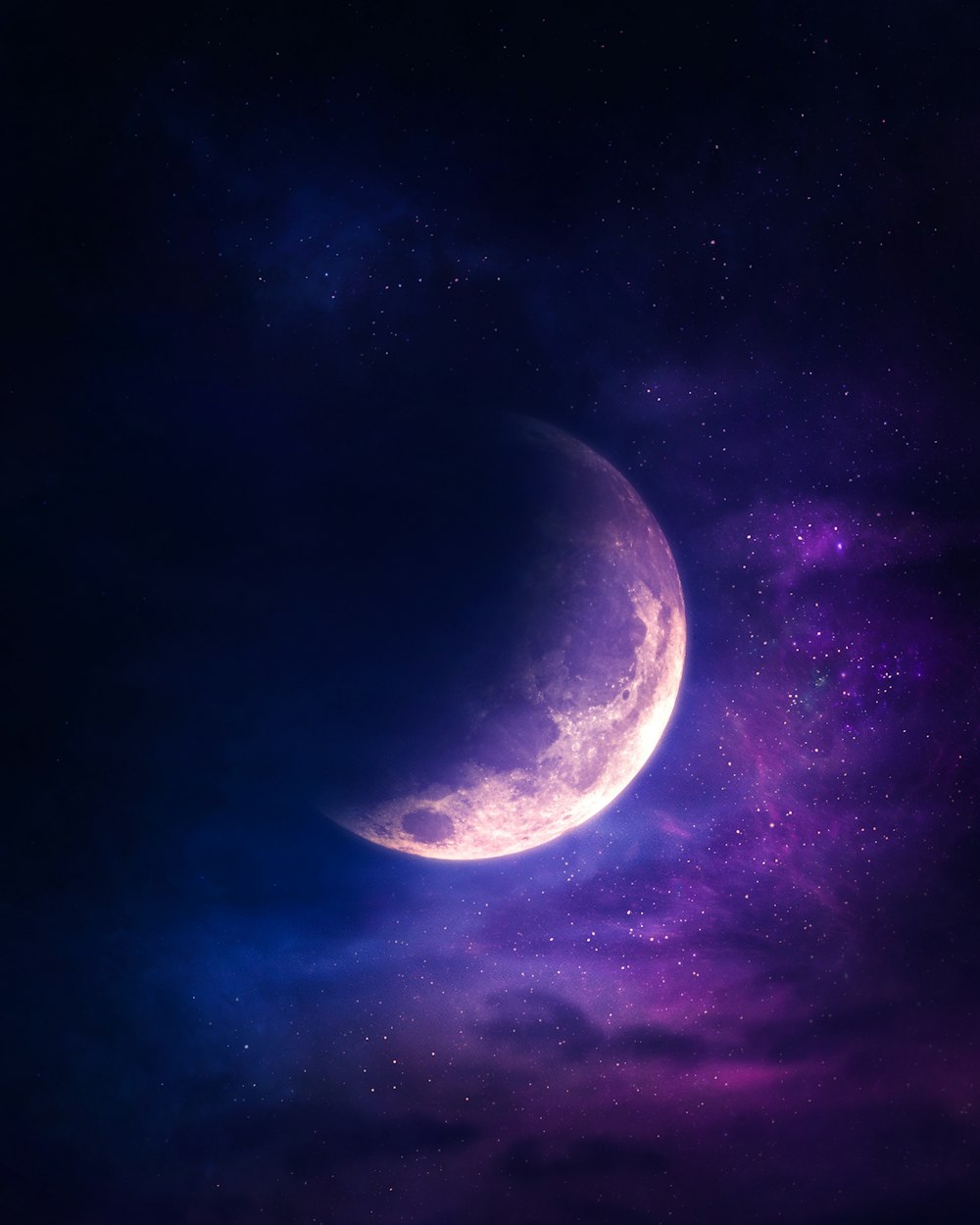 a purple and blue sky with a half moon