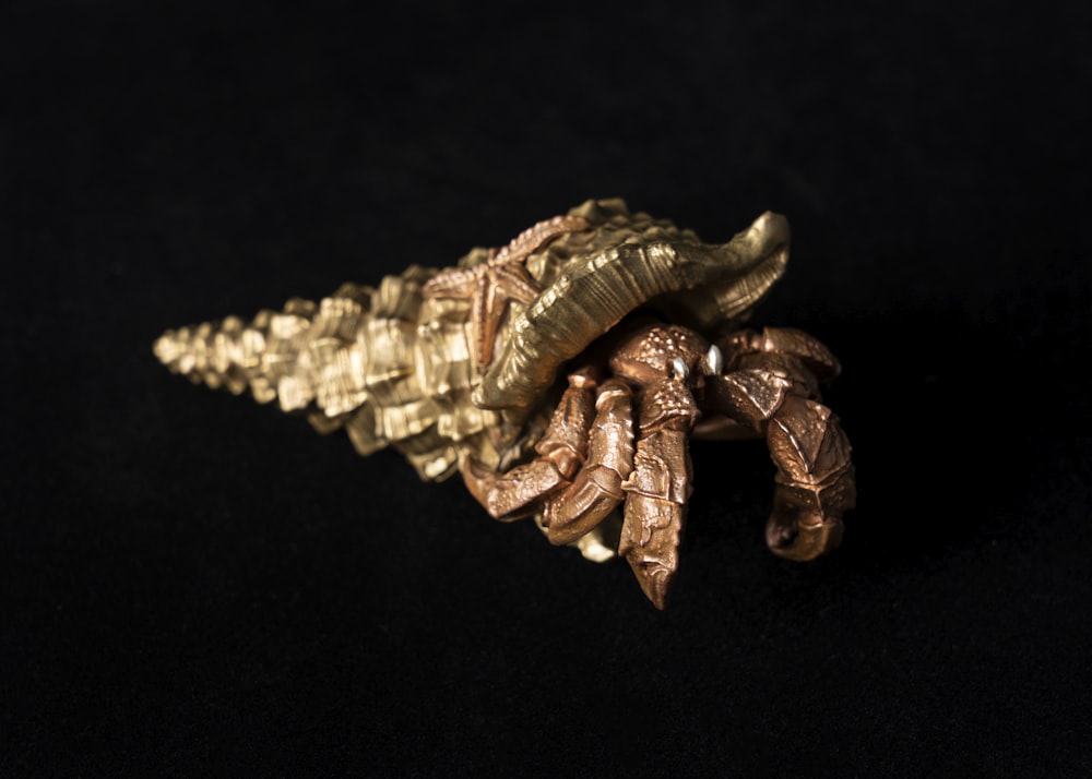 a close up of a gold brooch on a black background