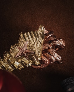A decorative arrangement featuring a large, metallic seashell in gold with a starfish motif and adjacent bronze-colored crabs. These elements rest on a textured, dark brown surface, with hints of red and dark colors in the blurred foreground.