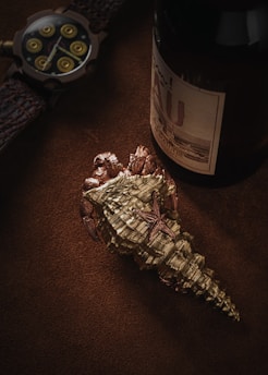 A detailed close-up composition featuring a luxurious watch with a textured leather strap, a dark wine bottle with a vintage label, and an ornate, metallic seashell adorned with a starfish on a rich brown surface.