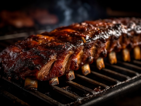 A rack of ribs cooking on a grill