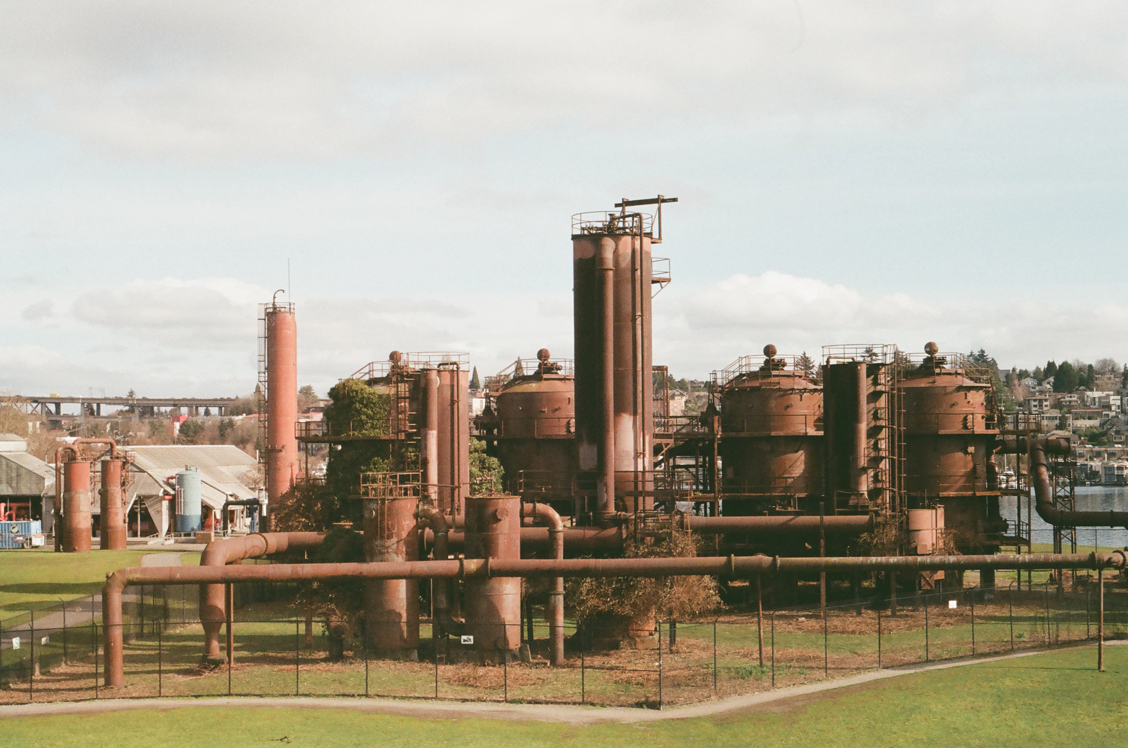 Industrial plant piping and process units.