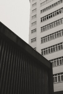 A monochromatic photo of an urban setting featuring a modern high-rise building with numerous rectangular windows and a dark structure with vertical lines in the foreground taken from a low angle.