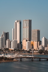 A cityscape featuring modern high-rise buildings with sleek architecture. A marina with numerous yachts and sailboats is situated in the foreground, alongside a bridge over a body of water. Lush greenery adds a touch of nature to the urban setting.