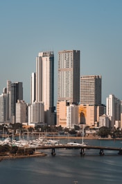 A cityscape featuring modern high-rise buildings with sleek architecture. A marina with numerous yachts and sailboats is situated in the foreground, alongside a bridge over a body of water. Lush greenery adds a touch of nature to the urban setting.
