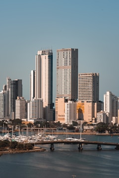 A cityscape featuring modern high-rise buildings with sleek architecture. A marina with numerous yachts and sailboats is situated in the foreground, alongside a bridge over a body of water. Lush greenery adds a touch of nature to the urban setting.
