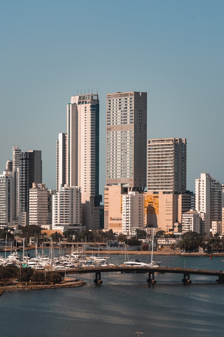 A cityscape featuring modern high-rise buildings with sleek architecture. A marina with numerous yachts and sailboats is situated in the foreground, alongside a bridge over a body of water. Lush greenery adds a touch of nature to the urban setting.
