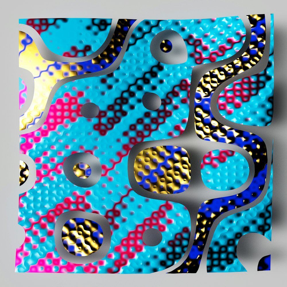 a painting of a blue, yellow, and pink pattern