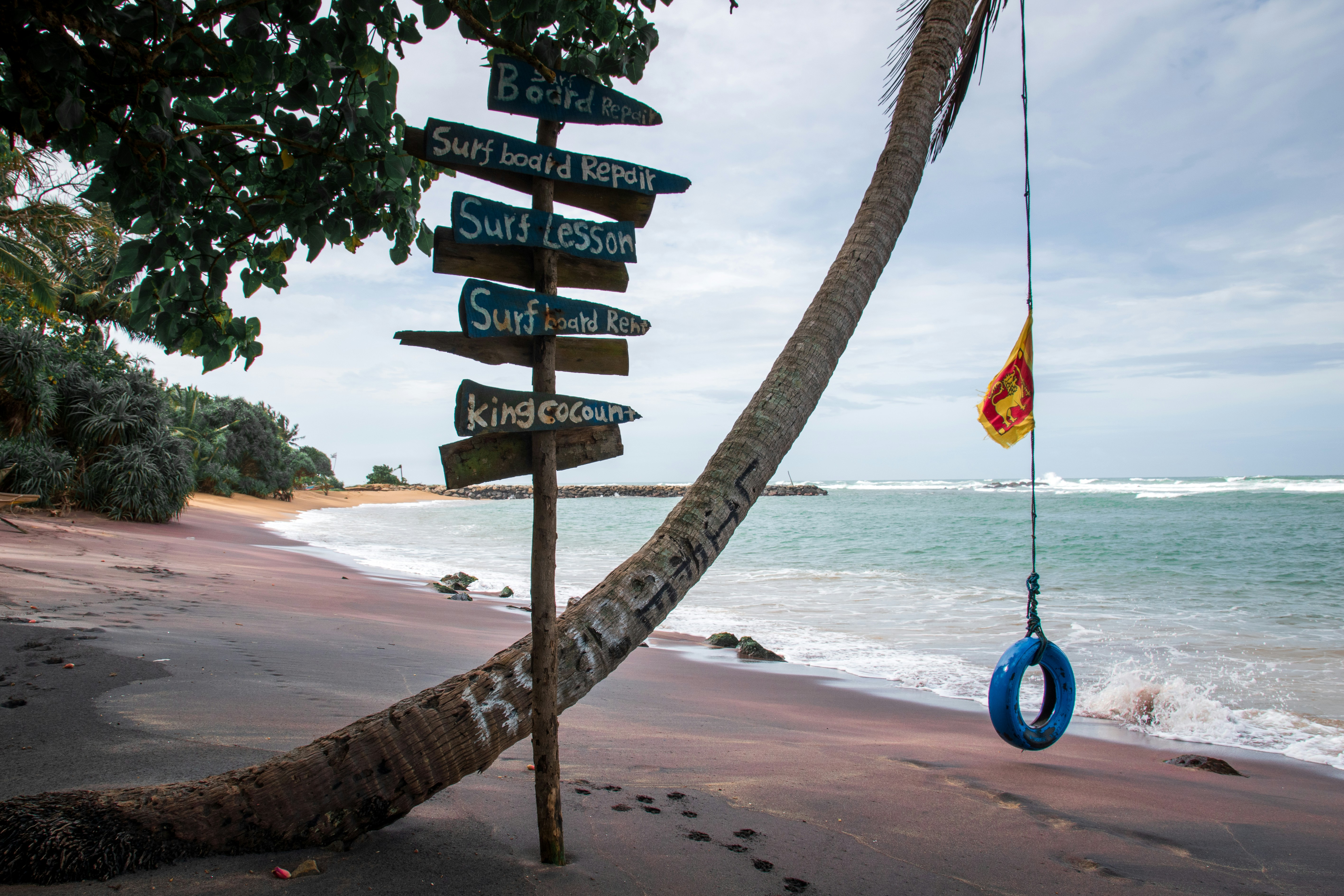 a beach with a sign and a life preserver hanging from a palm tree