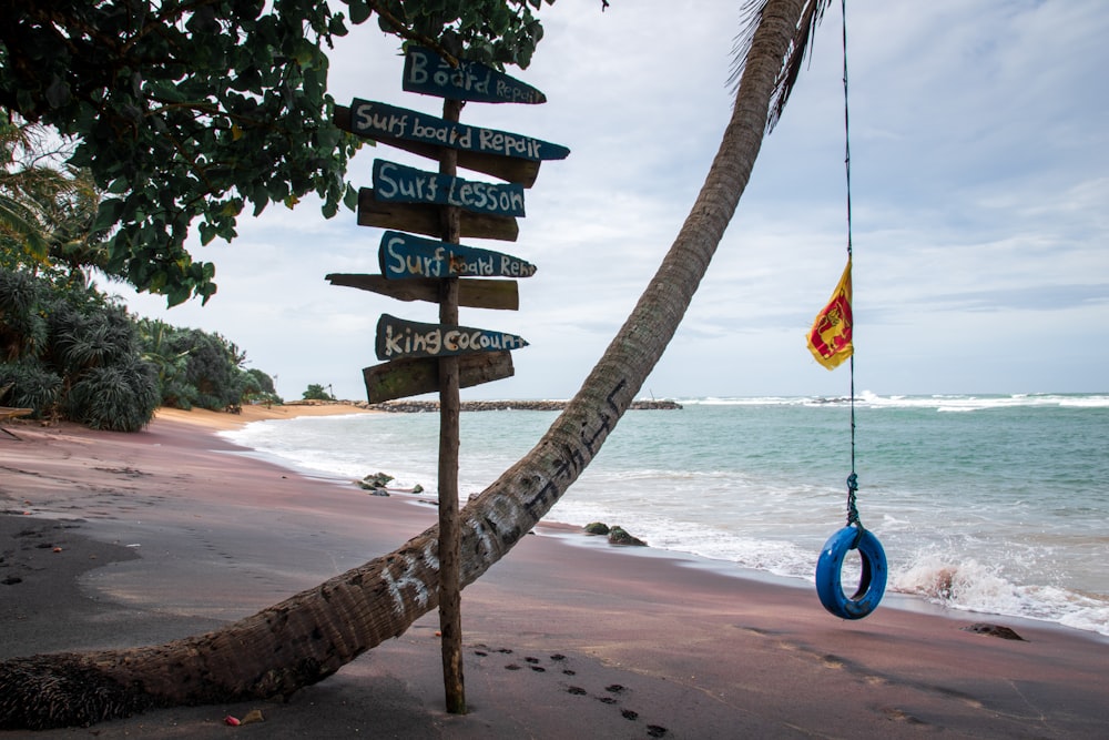 a beach with a sign and a life preserver hanging from a palm tree