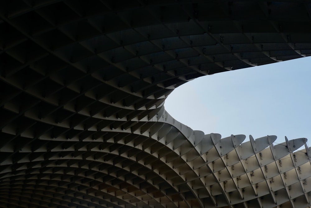 a view of the roof of a building from below