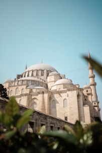 An impressive historical mosque with a large central dome and multiple smaller domes, displaying classic Islamic architecture. The structure is made of light-colored stone, and a tall minaret is visible in the background. In the foreground, blurred foliage adds depth to the image.