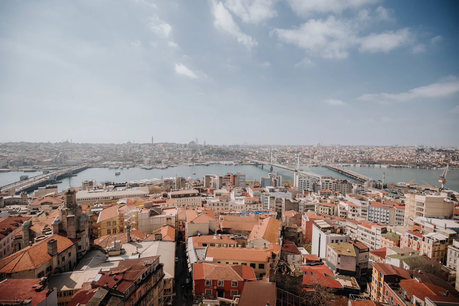 An aerial view of a city and a bridge