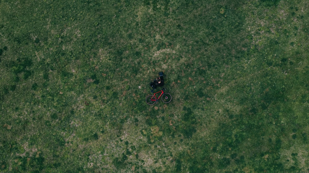 a person riding a bike in a field