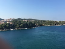 A coastal landscape featuring calm blue waters and a lush, green hillside. Small buildings with red-tiled roofs are nestled among the trees on the hill. The sky is clear and blue, adding to the tranquil and scenic atmosphere.
