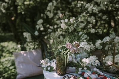 A delicate arrangement of fresh flowers paired with chocolate-covered strawberries on a minimalist white table.