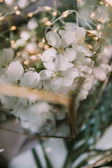 Delicate floral decor details with soft natural textures and warm lighting.