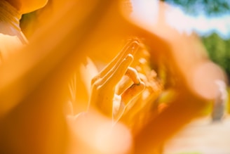 A close-up view of a hand performing a symbolic gesture surrounded by a warm golden-orange glow. The focus is on the hand, with the background softly blurred, creating an ethereal and serene atmosphere.