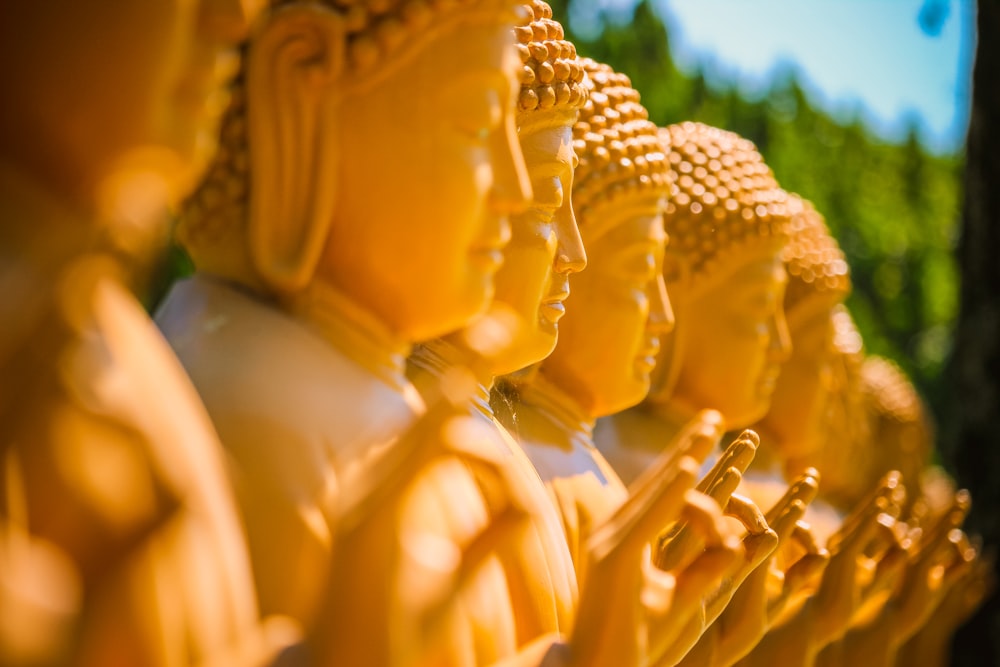 a row of buddha statues sitting next to each other