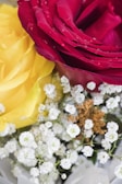 A close-up of fresh flowers supported by green floral foam.