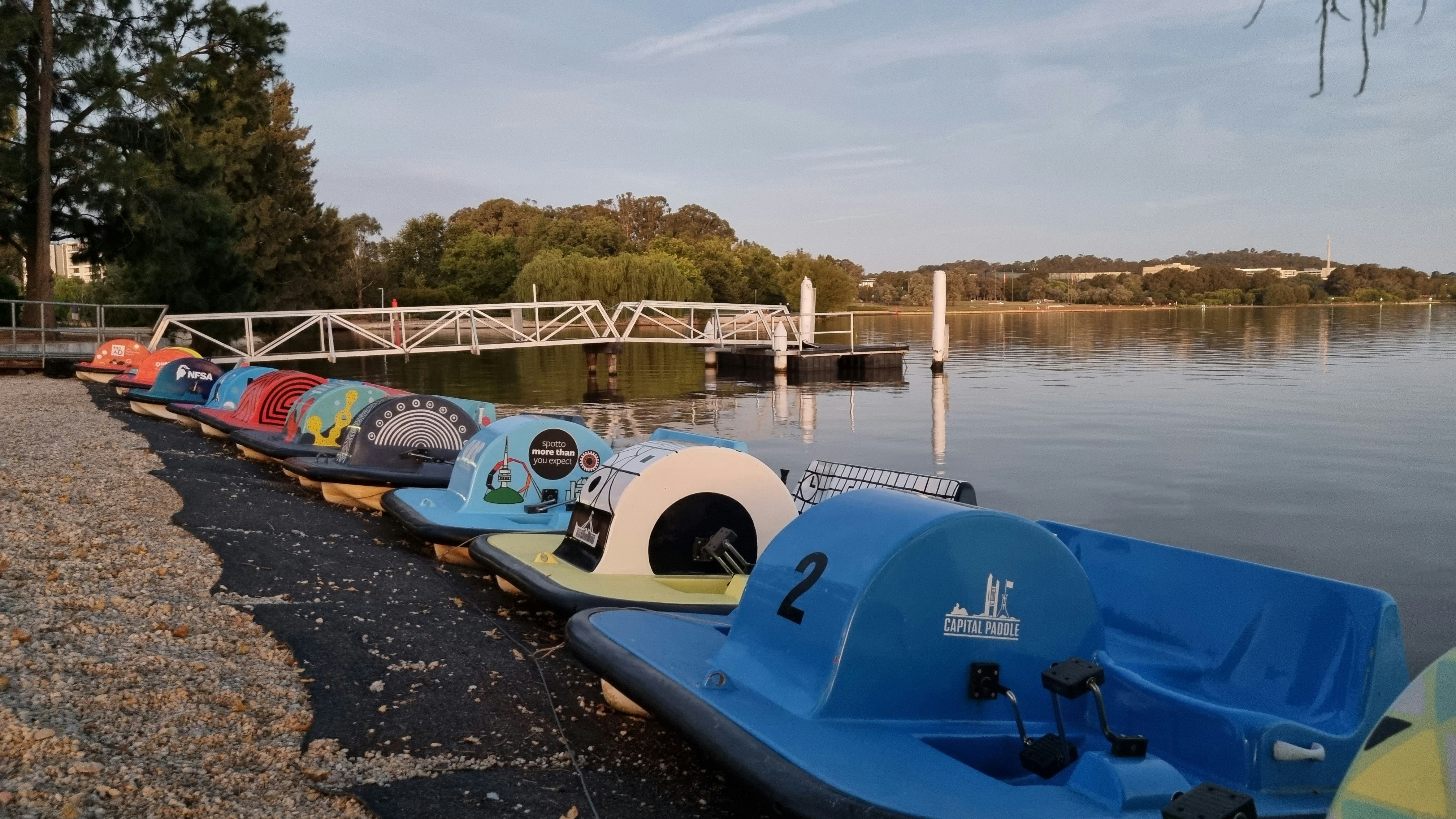 Una hilera de canoas alineadas en la orilla de un lago