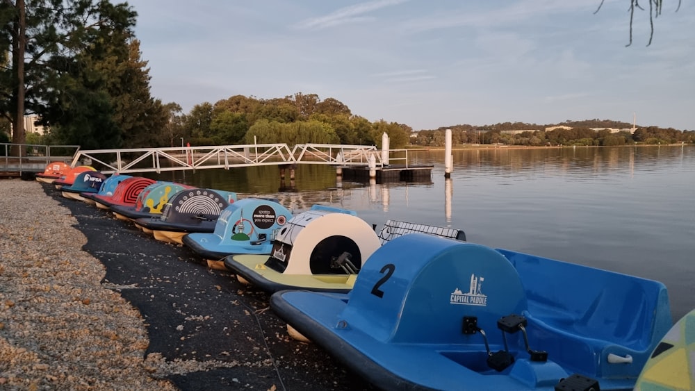 a row of canoes lined up on the shore of a lake