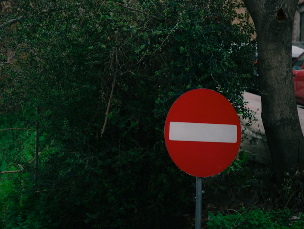 a red and white street sign sitting next to a tree