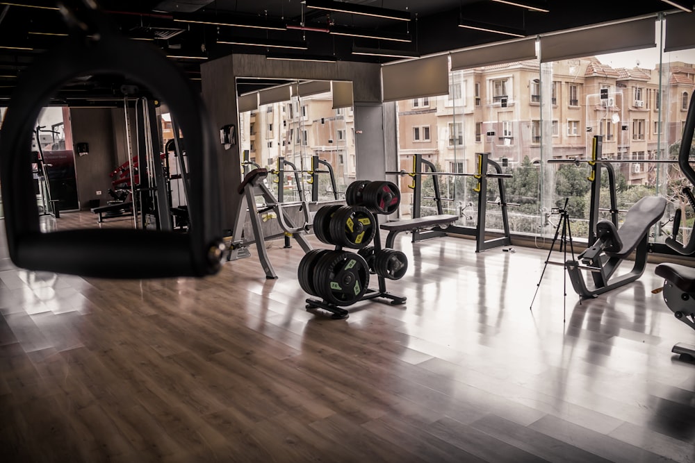 a gym with a view of the city