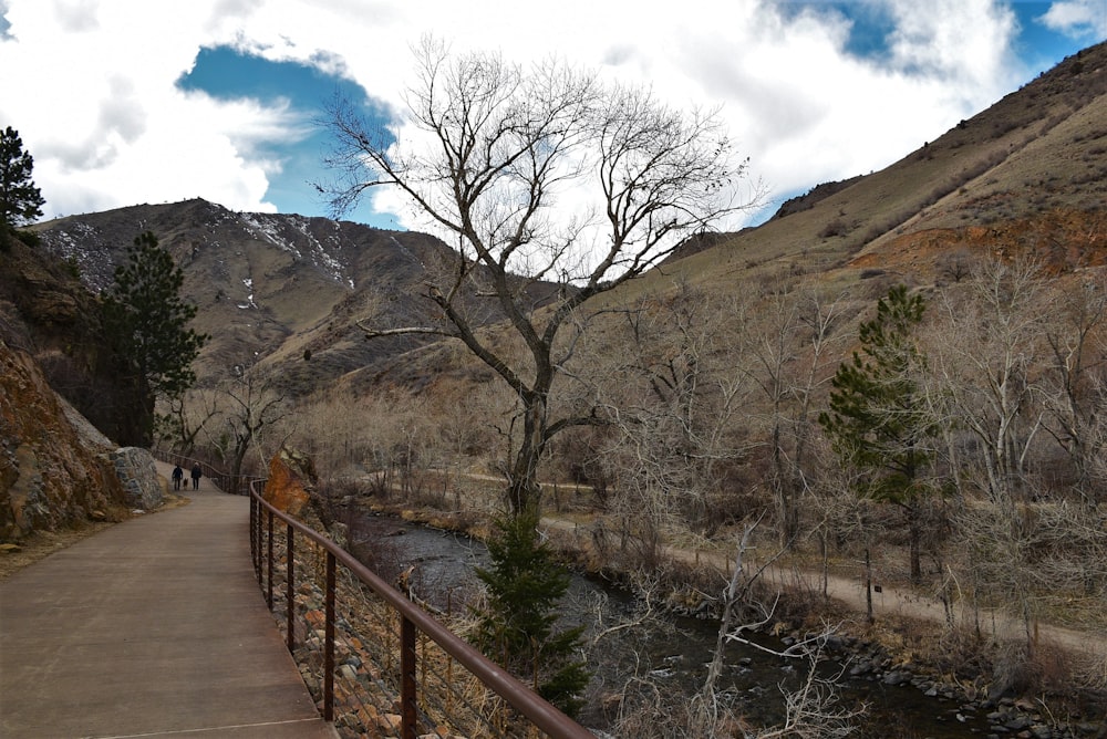 a wooden walkway next to a river surrounded by mountains