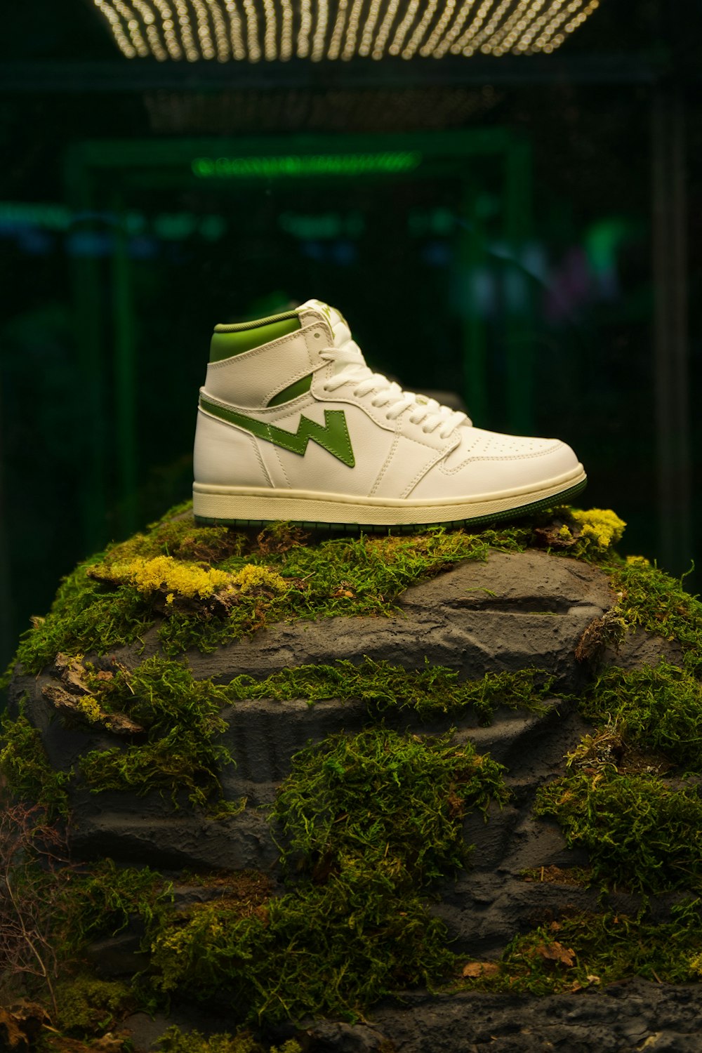 a pair of white sneakers sitting on top of a moss covered rock