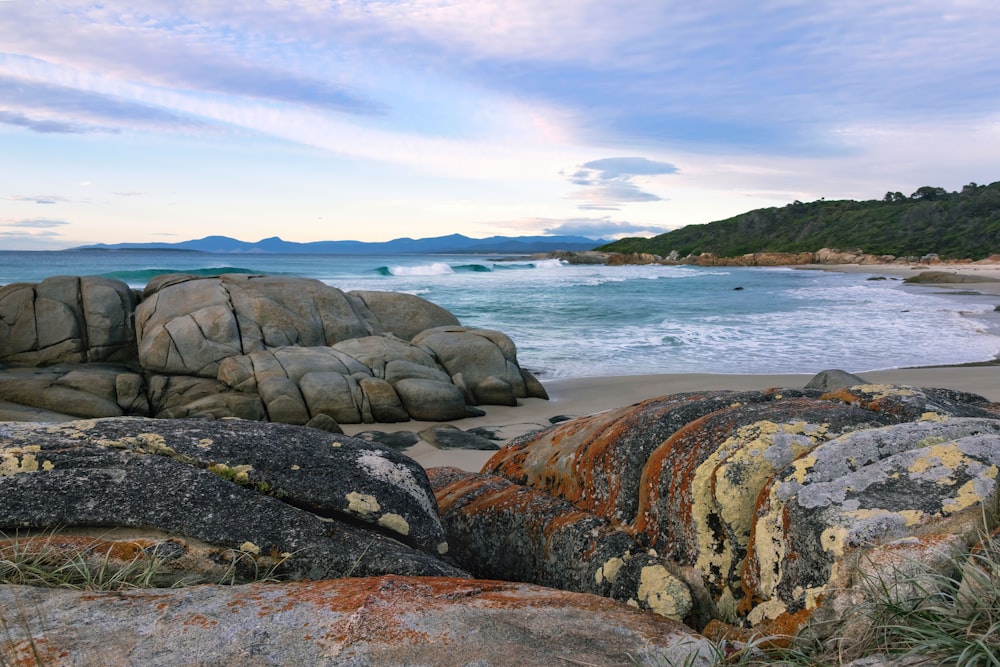 a rocky beach with a body of water in the background