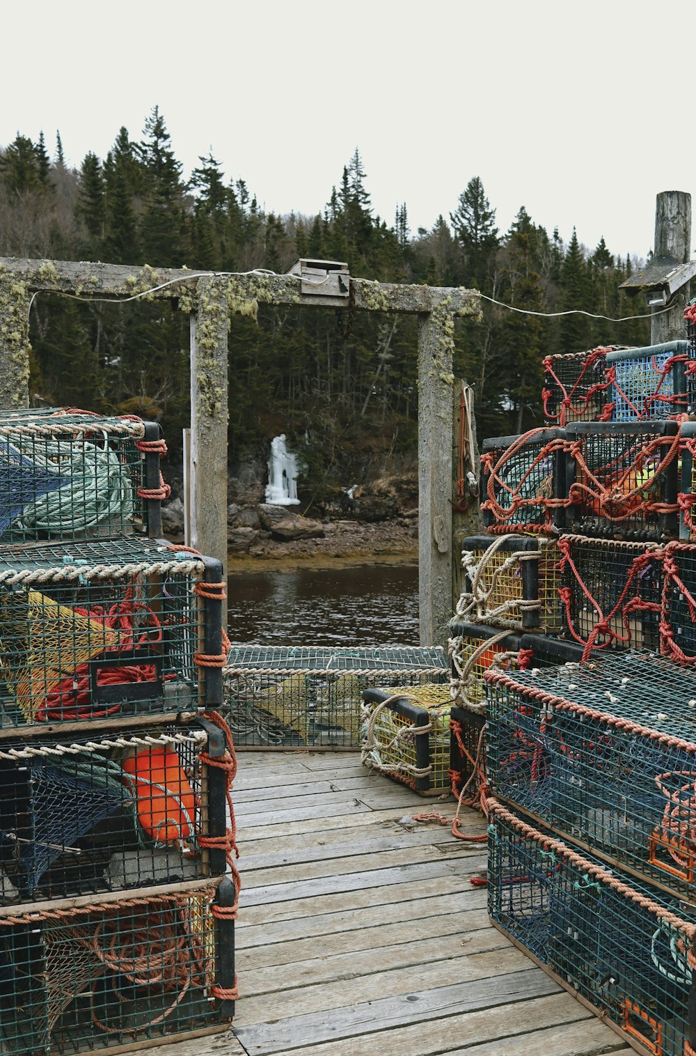 a bunch of cages that are sitting on a wooden platform