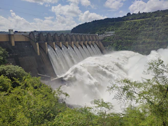 A large dam with water flowing, surrounded by lush greenery under a clear sky.