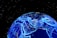 A glowing blue digital representation of the Earth is depicted, highlighting continents with illuminated contour lines against a black starry background. Small lights appear scattered across the surface, resembling cities or data points.