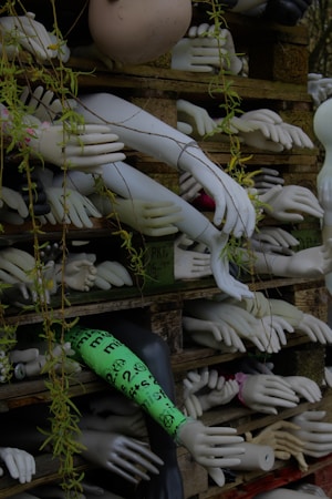 A collection of mannequin arms and hands is stacked on wooden pallets. Some of the hands have different colors, including a prominent green one with black symbols and text. Vines are draped around the structure, adding an organic element to the display. The overall setting appears slightly chaotic and artistic.