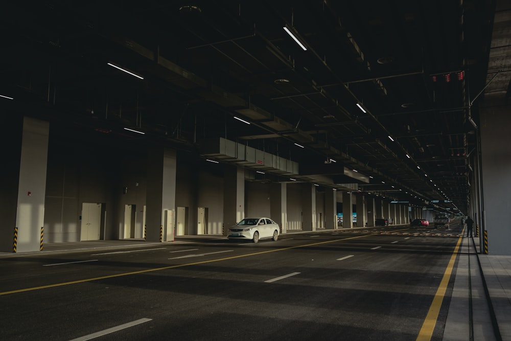 a car is parked in a parking garage