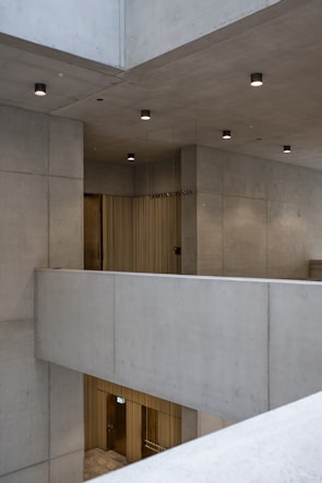 A modern architectural space with concrete walls and ceilings. The design is minimalist with clean lines and subtle lighting fixtures affixed to the ceiling. There are metal elements visible, such as doors or panels, likely made from brushed brass or similar material, contributing to the contemporary aesthetic.