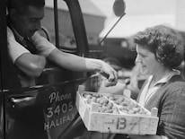 A man in a truck interacts with a woman who is carrying a crate filled with containers of strawberries. The truck has a sign with a phone number and the word 'Halifax' on the door. The woman, smiling, looks at the man as he inspects the produce.