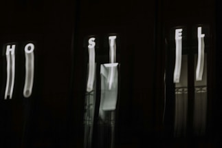 The image features a dark background with blurry, vertically elongated white letters spelling out 'HOSTEL'. The letters appear to be on an illuminated sign, but due to the blur, they are distorted and stretched.