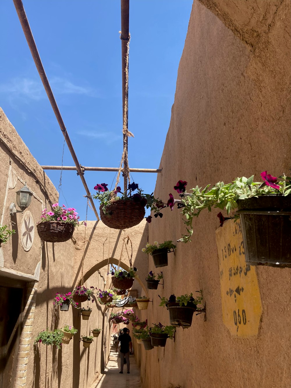 a narrow alley way with hanging flower pots