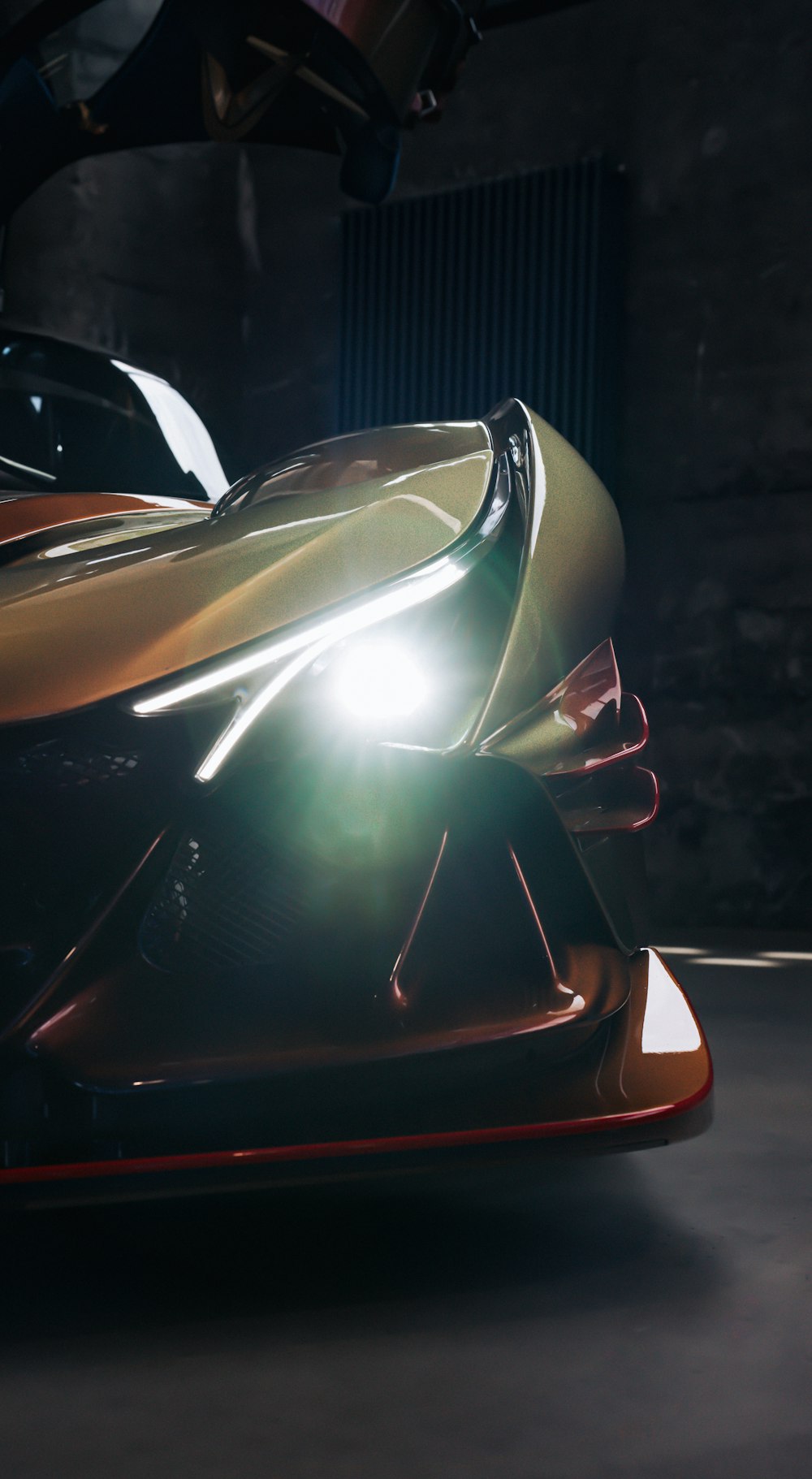 a close up of a motorcycle with a bright light on it