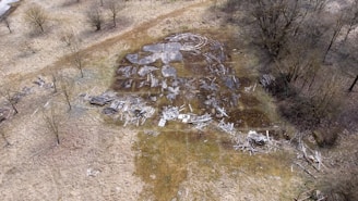 An aerial view of an abandoned, overgrown area with scattered debris and remnants of structures. The ground appears muddy and uneven with patches of grass and dirt. Sparse trees and shrubs border the area, blending into the surrounding landscape.