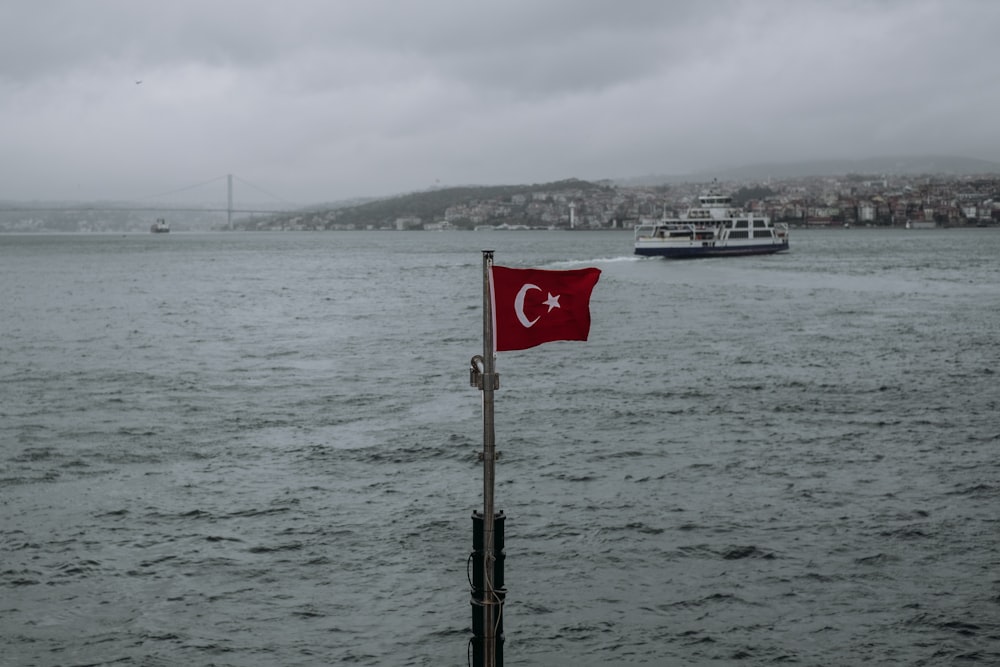 a flag on a pole in front of a body of water