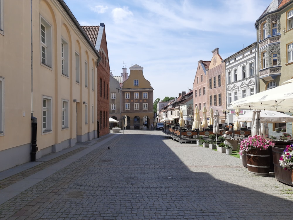 a cobblestone street in a european city