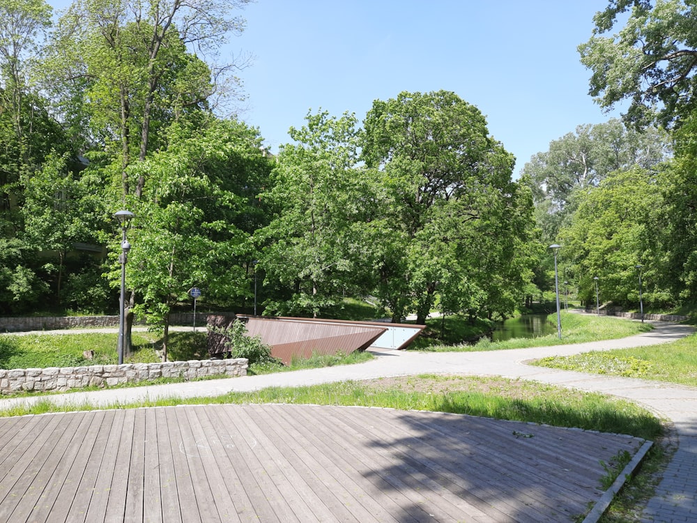 a skateboard park with ramps and trees in the background