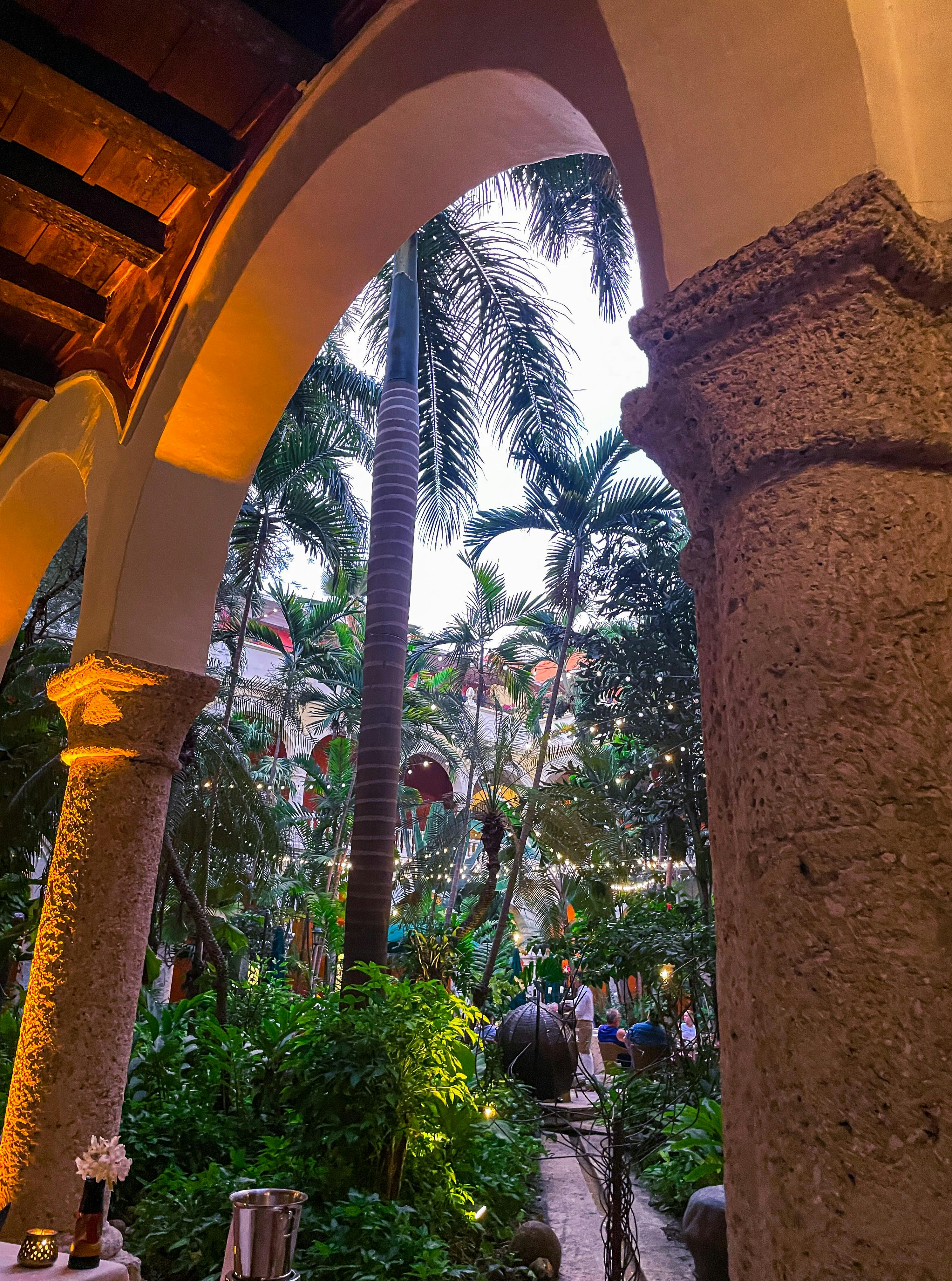 Lush tropical garden with exotic plants, manicured lawns, and flowering trees in warm golden afternoon light